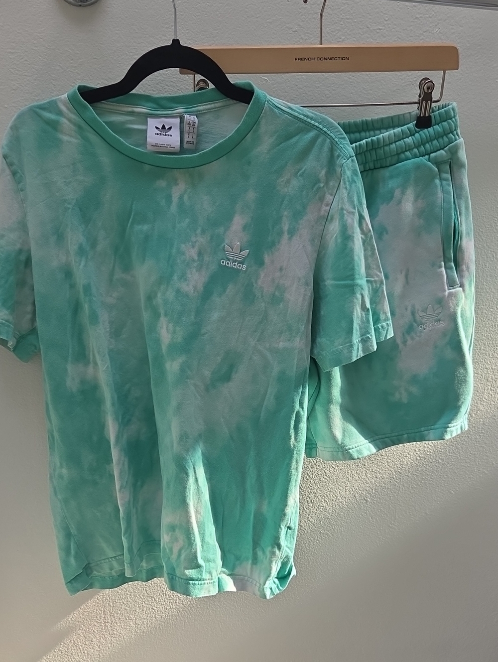 adidas Mint Green Tie-Dye Short Sleeve Tee And Shorts Set with White Trefoil